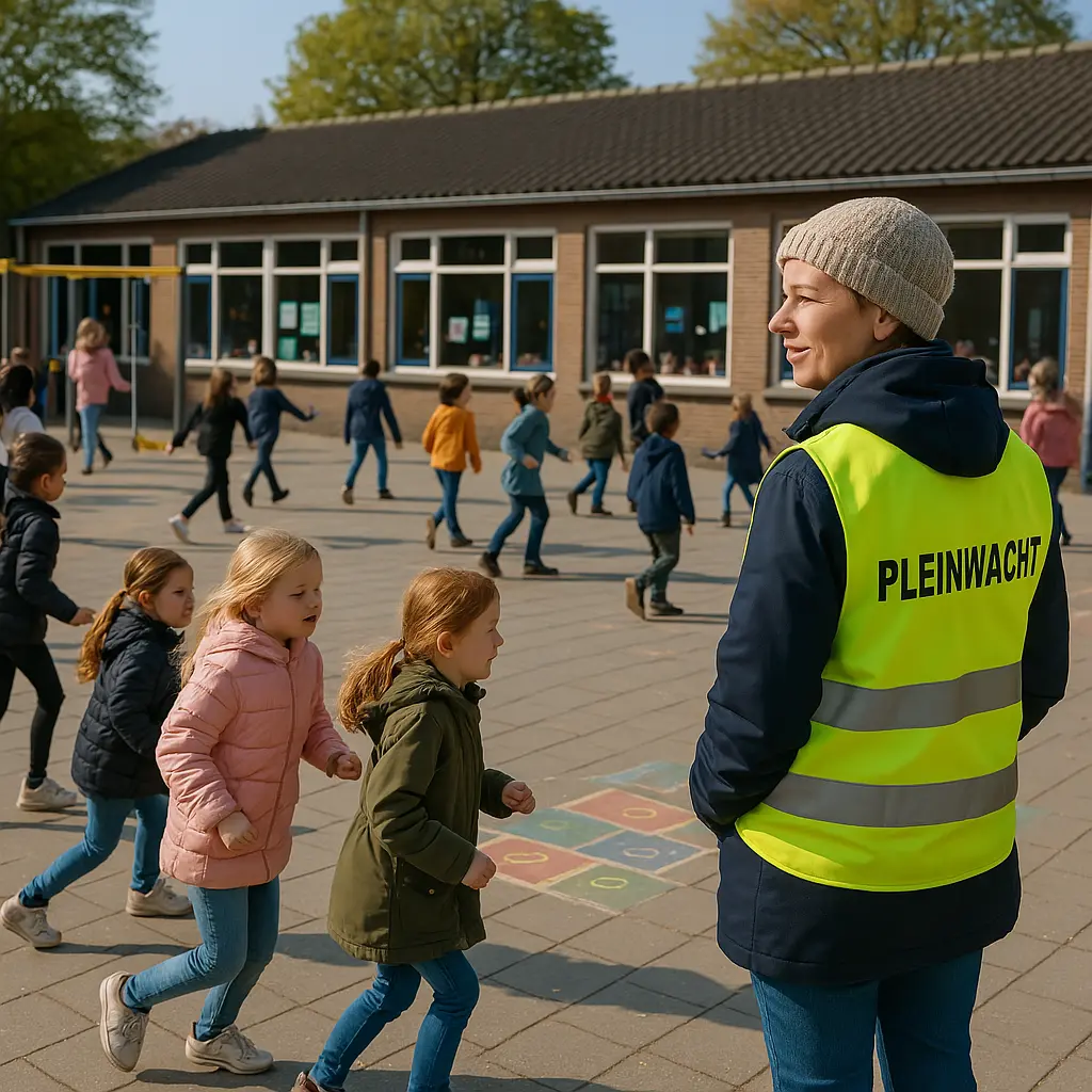 Vrolijke kinderen spelen onder toezicht op de speelplaats van een Vlaamse basisschool