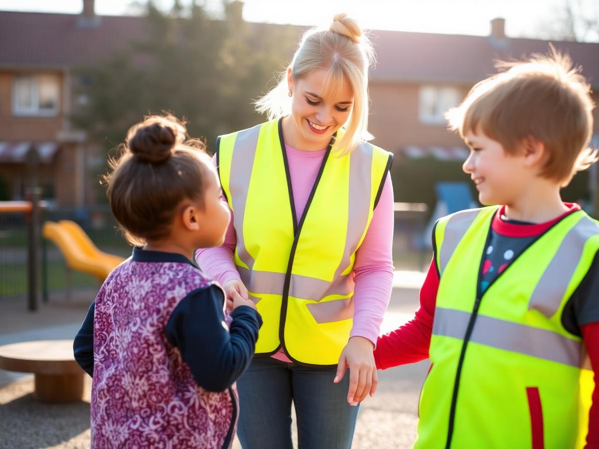 Pleinwacht in fluovestje begeleidt twee kinderen